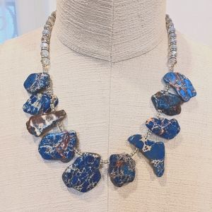 Dark Blue Impression Jasper statement stone necklace crystals New Boho 22 inches